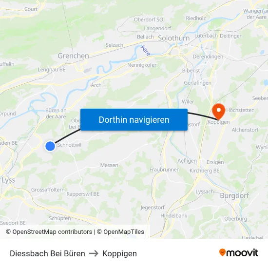 Diessbach Bei Büren to Koppigen map
