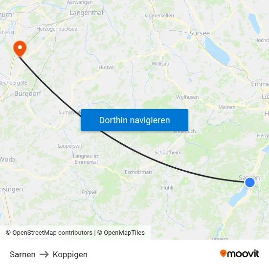 Sarnen to Koppigen map