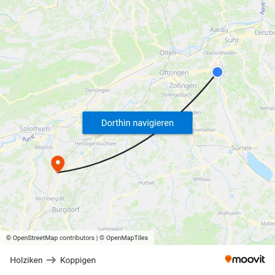 Holziken to Koppigen map