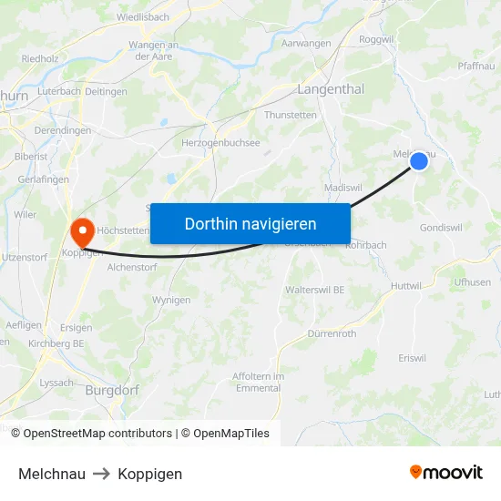 Melchnau to Koppigen map