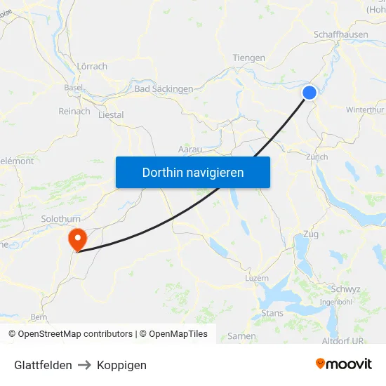 Glattfelden to Koppigen map
