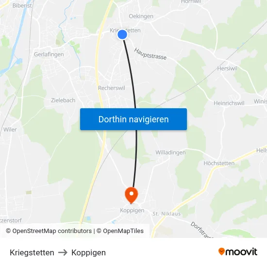 Kriegstetten to Koppigen map