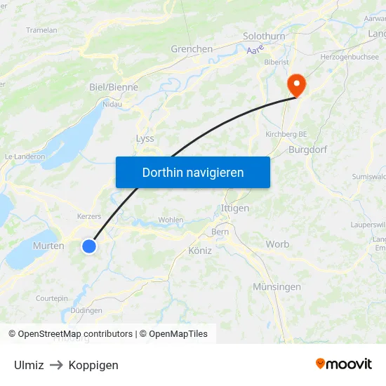 Ulmiz to Koppigen map