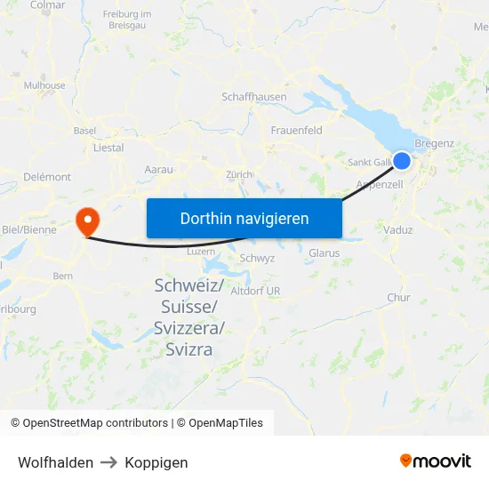 Wolfhalden to Koppigen map