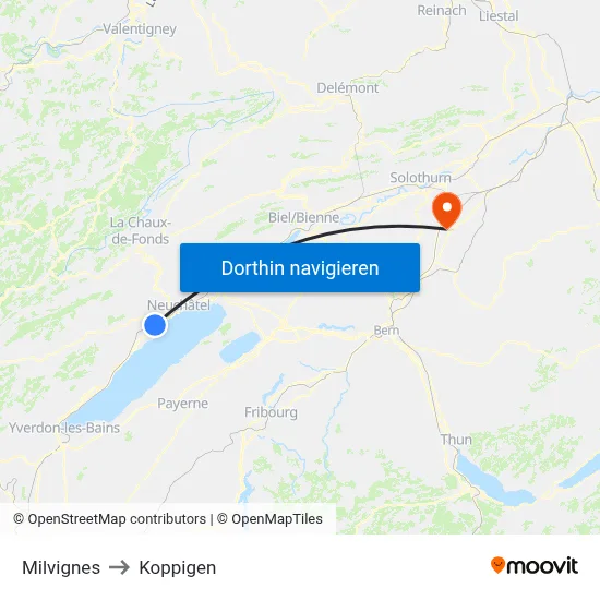 Milvignes to Koppigen map