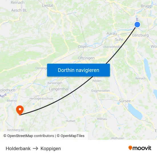 Holderbank to Koppigen map