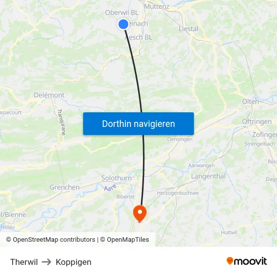 Therwil to Koppigen map