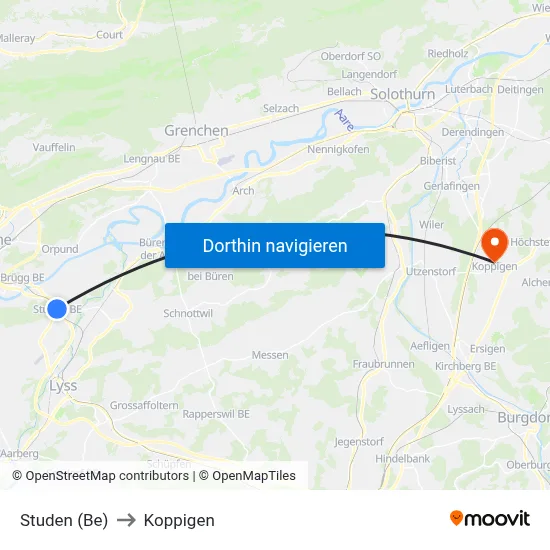 Studen (Be) to Koppigen map