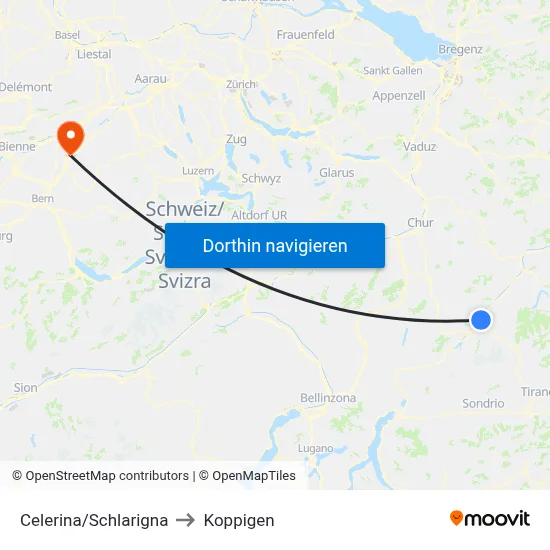 Celerina/Schlarigna to Koppigen map
