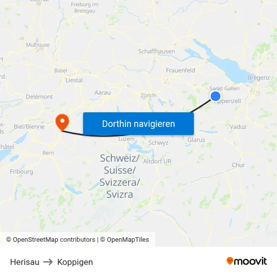 Herisau to Koppigen map