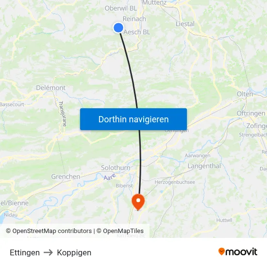 Ettingen to Koppigen map