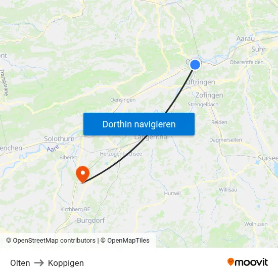 Olten to Koppigen map