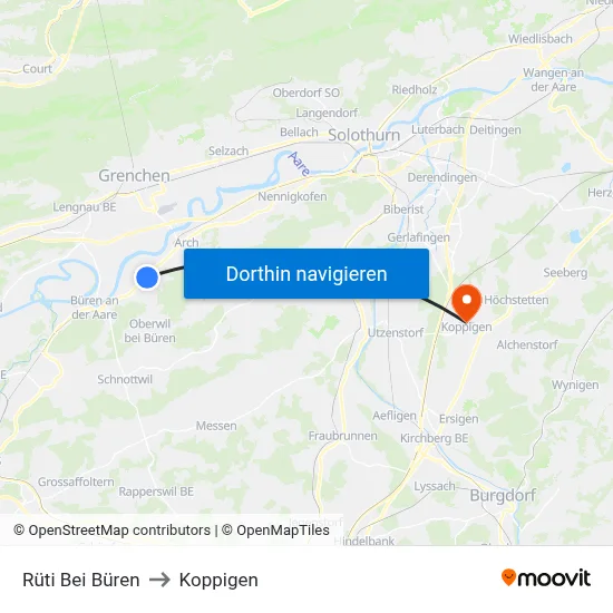 Rüti Bei Büren to Koppigen map
