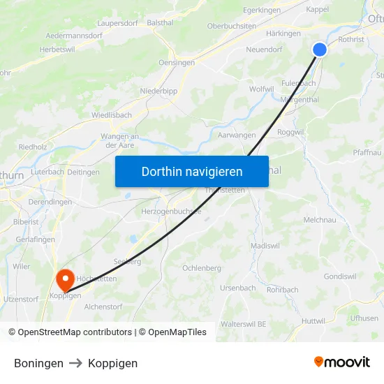 Boningen to Koppigen map