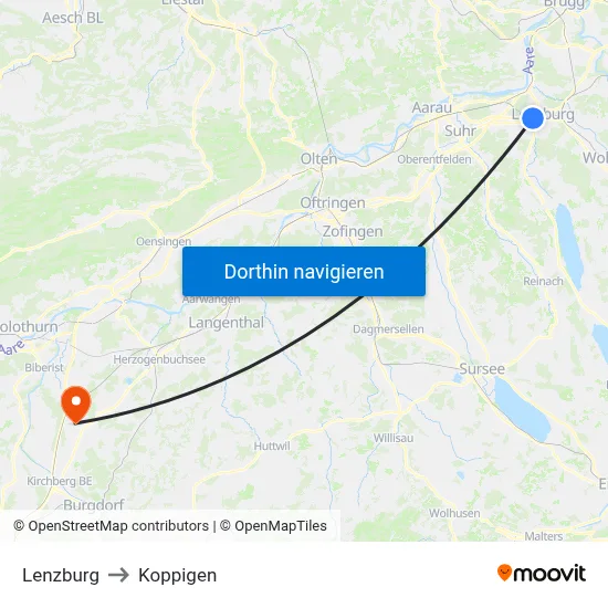 Lenzburg to Koppigen map