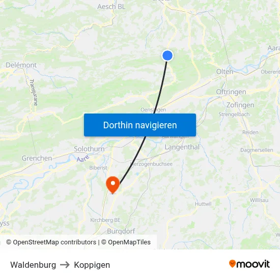 Waldenburg to Koppigen map