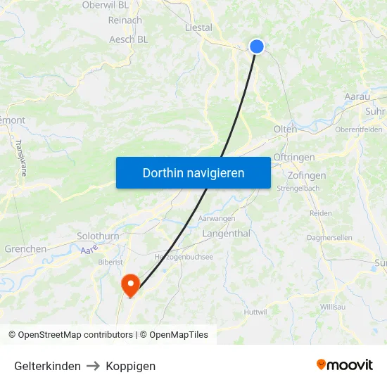 Gelterkinden to Koppigen map