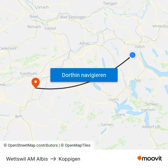 Wettswil AM Albis to Koppigen map
