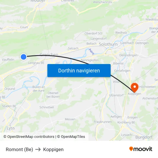 Romont (Be) to Koppigen map
