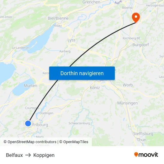 Belfaux to Koppigen map