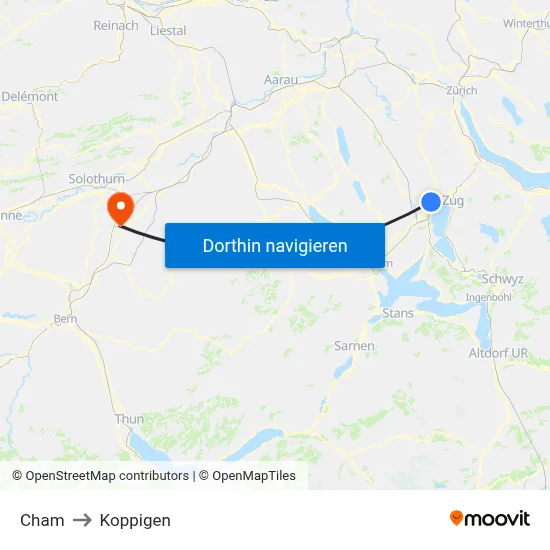 Cham to Koppigen map