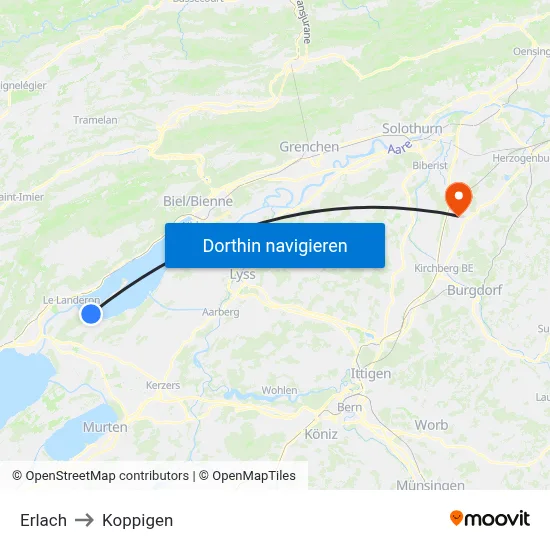Erlach to Koppigen map