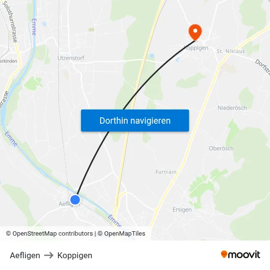 Aefligen to Koppigen map