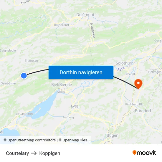 Courtelary to Koppigen map
