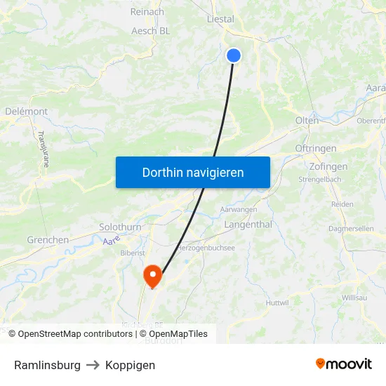 Ramlinsburg to Koppigen map