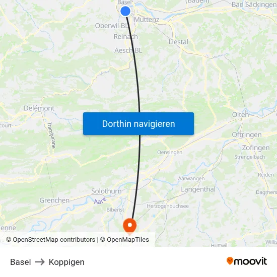 Basel to Koppigen map