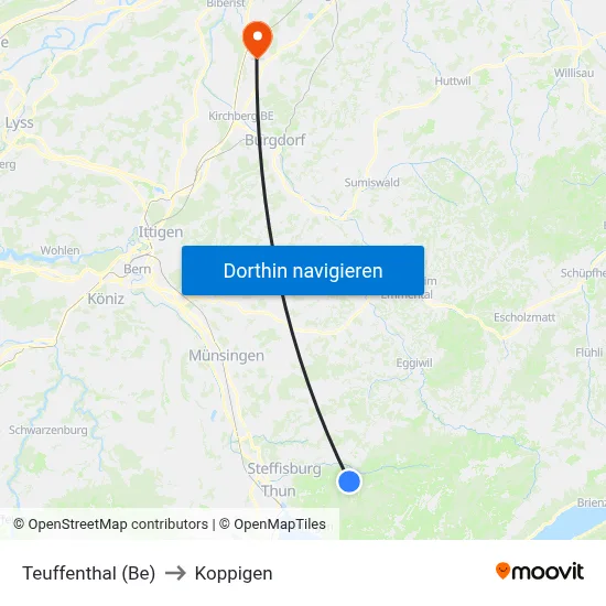 Teuffenthal (Be) to Koppigen map