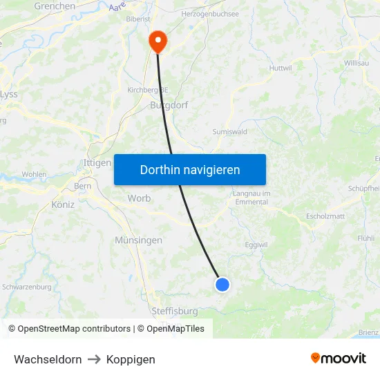 Wachseldorn to Koppigen map