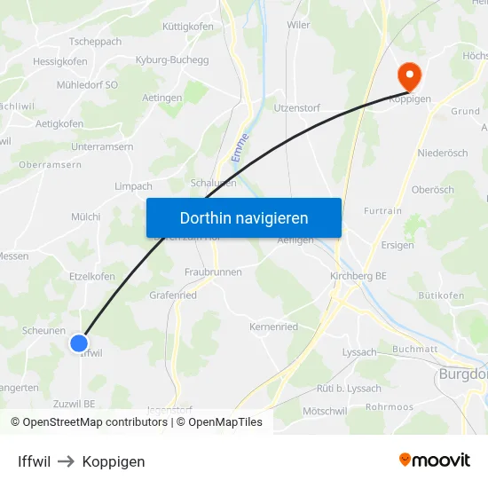 Iffwil to Koppigen map