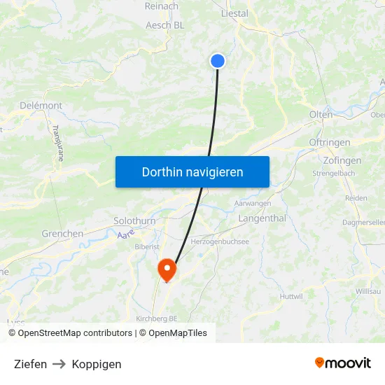 Ziefen to Koppigen map