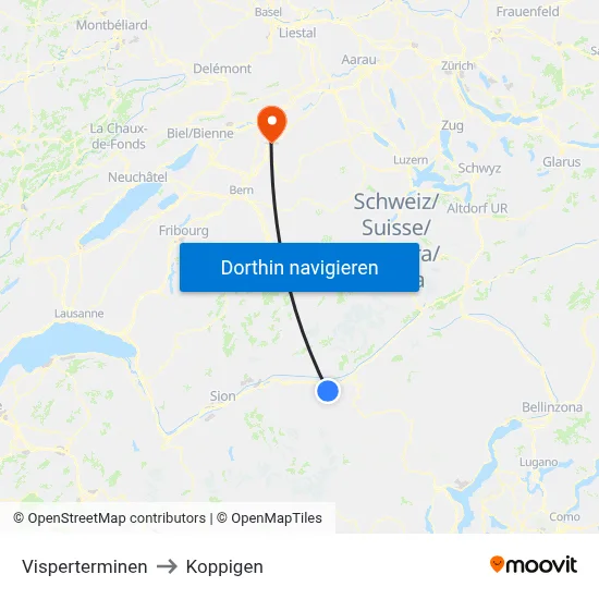 Visperterminen to Koppigen map