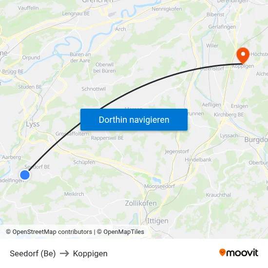 Seedorf (Be) to Koppigen map