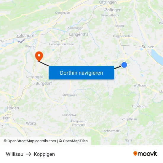 Willisau to Koppigen map