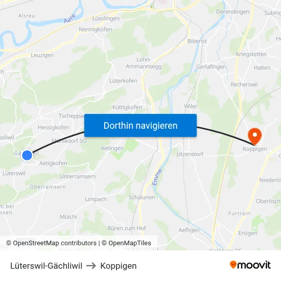 Lüterswil-Gächliwil to Koppigen map