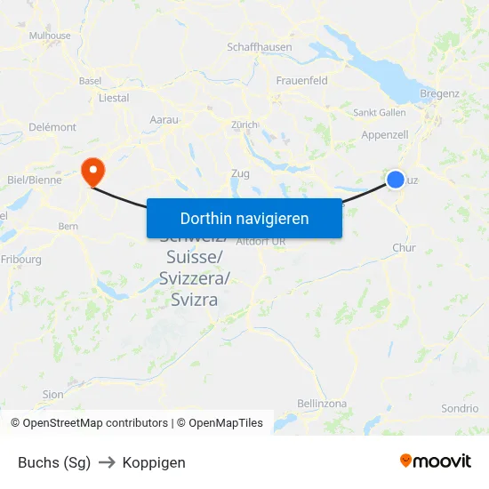 Buchs (Sg) to Koppigen map