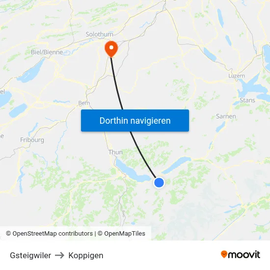 Gsteigwiler to Koppigen map