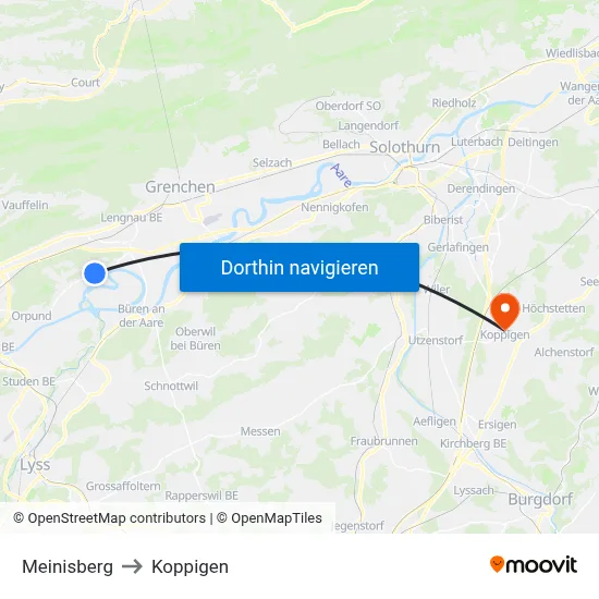Meinisberg to Koppigen map
