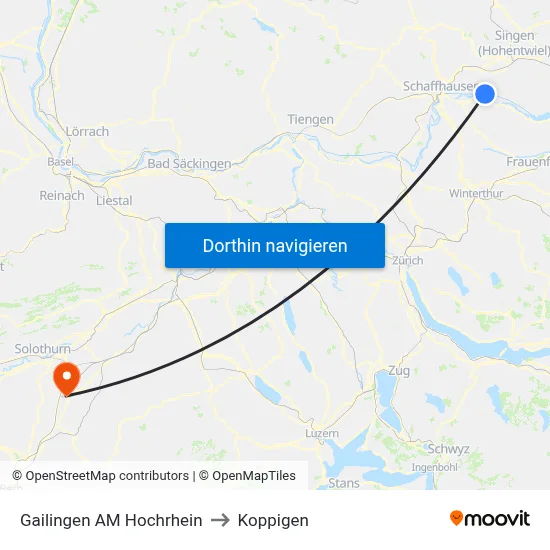 Gailingen AM Hochrhein to Koppigen map