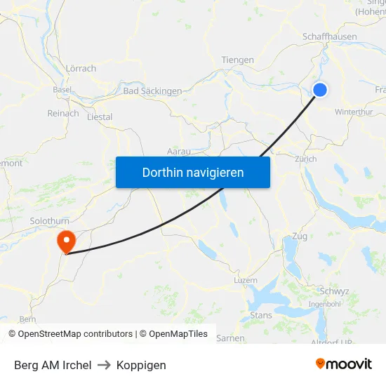 Berg AM Irchel to Koppigen map