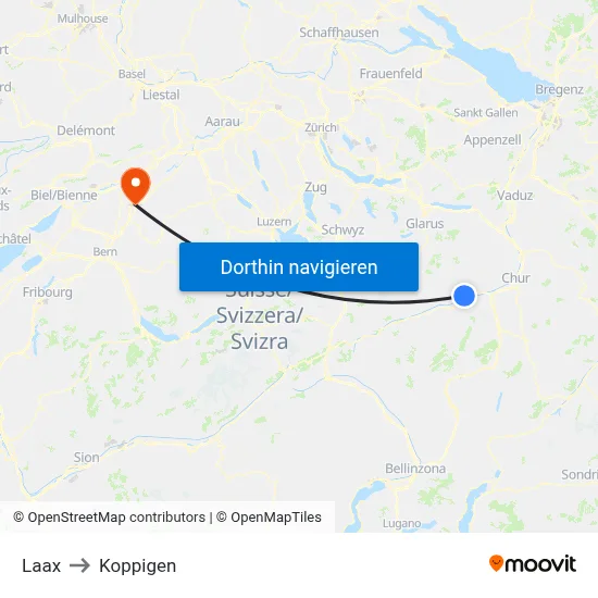 Laax to Koppigen map
