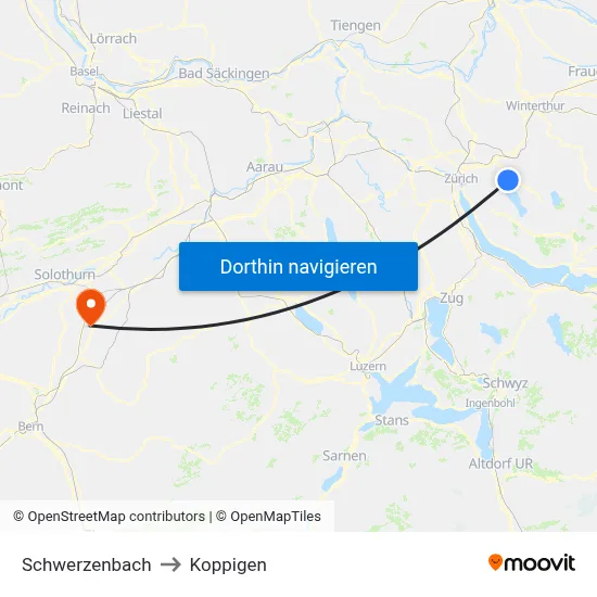 Schwerzenbach to Koppigen map