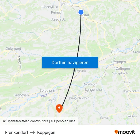 Frenkendorf to Koppigen map
