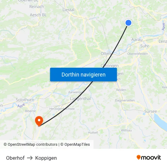 Oberhof to Koppigen map