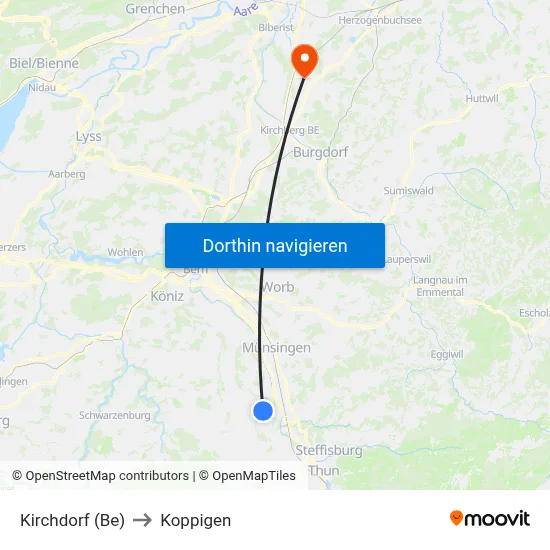 Kirchdorf (Be) to Koppigen map