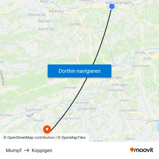 Mumpf to Koppigen map