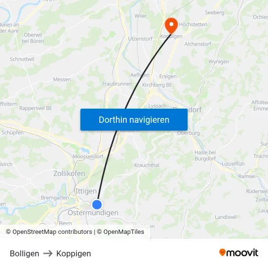 Bolligen to Koppigen map